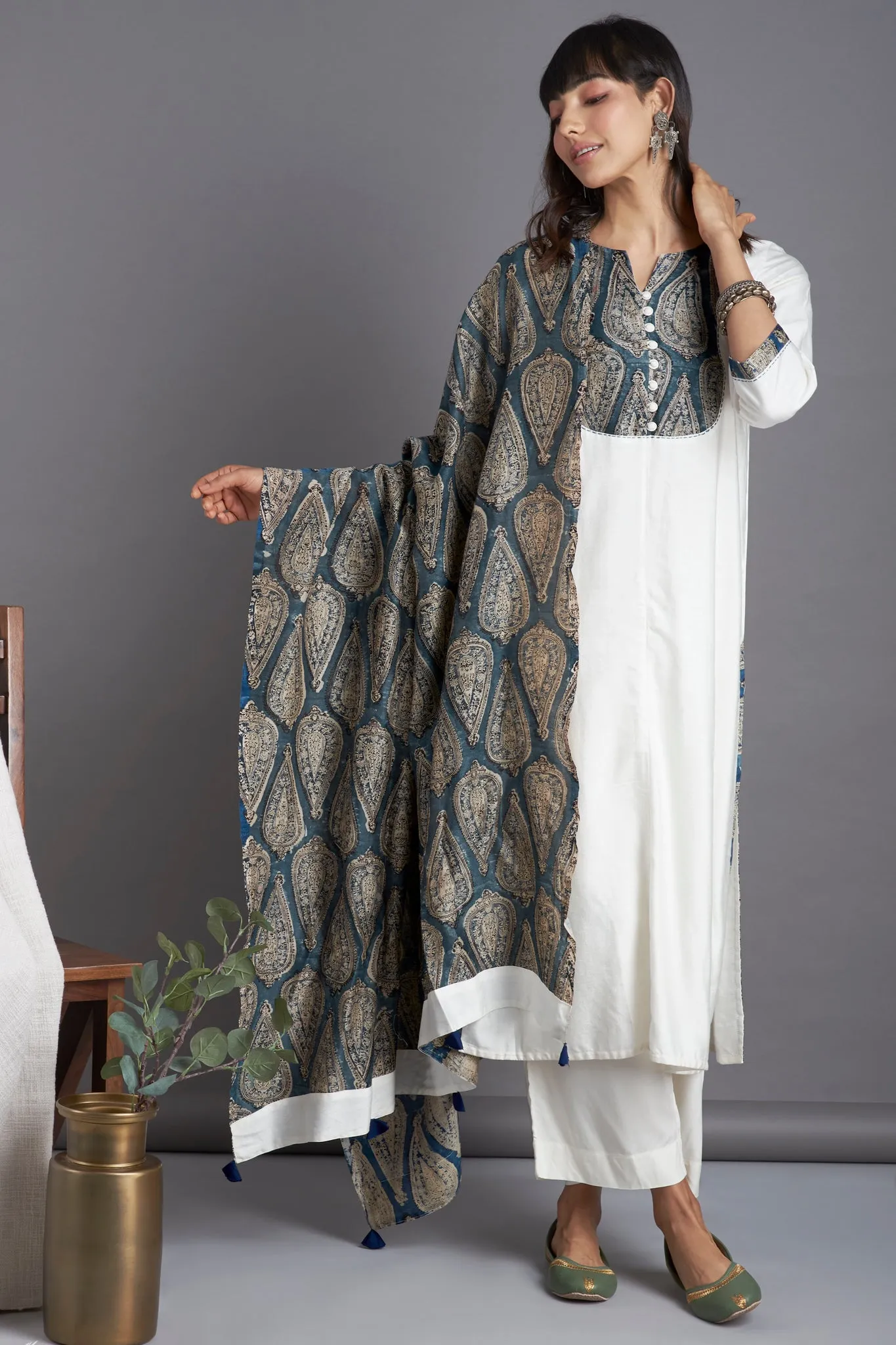 long yoke silk kurta - celestial dance & sparkling sapphire