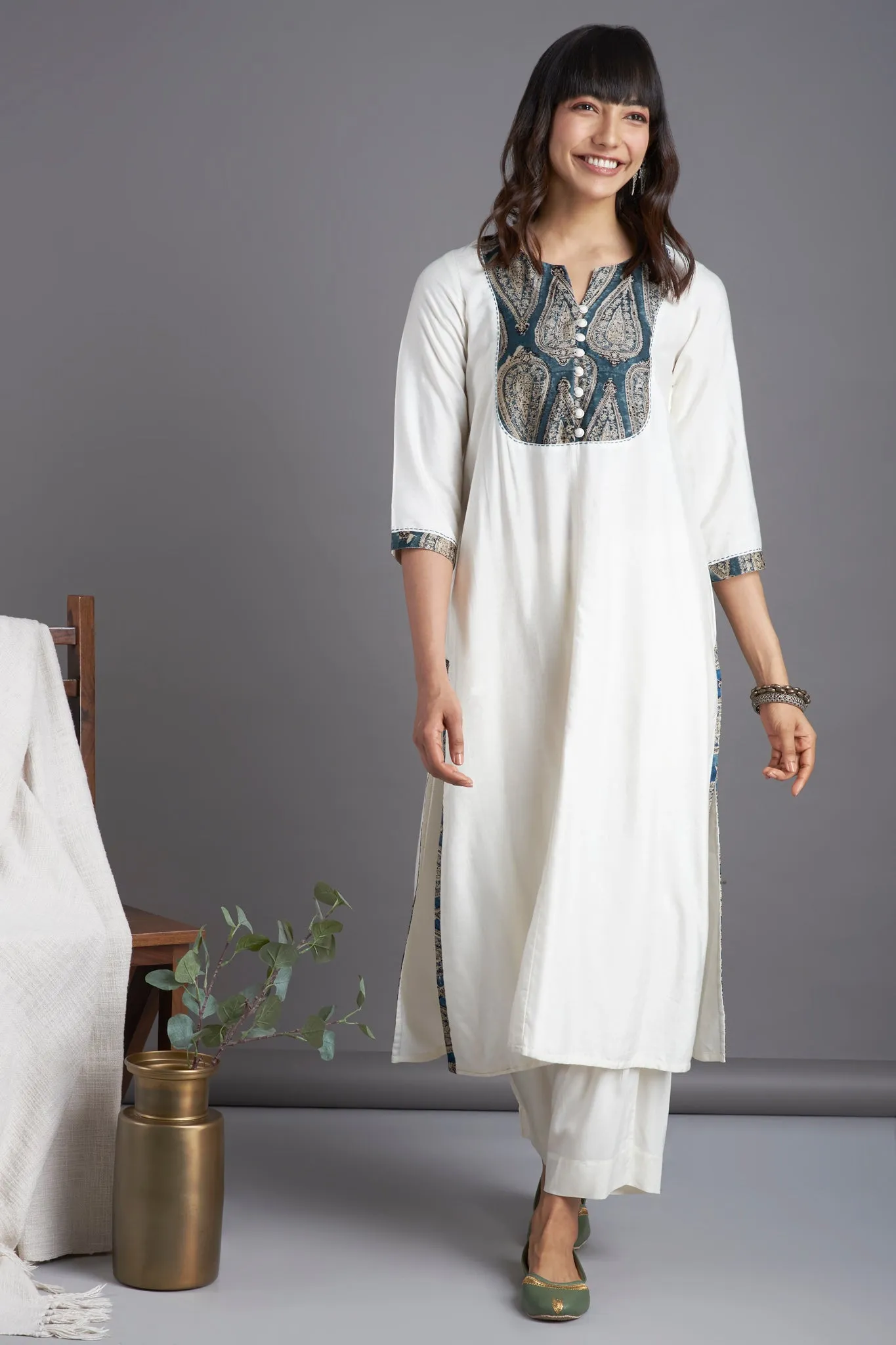 long yoke silk kurta - celestial dance & sparkling sapphire