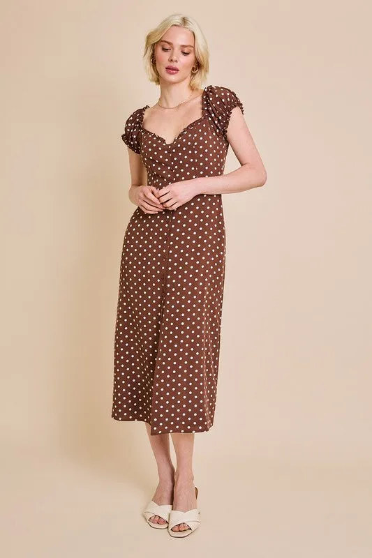 Lydia Short Sleeve Button Down Polka Dot Print Midi Dress Brown