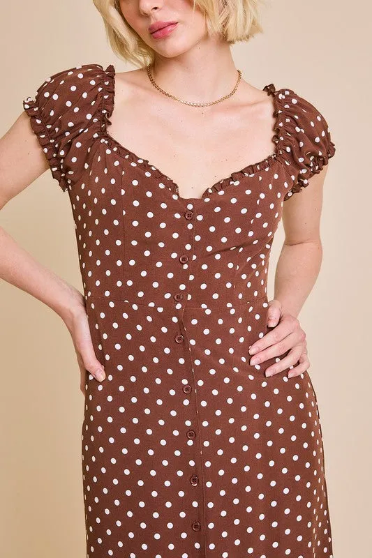 Lydia Short Sleeve Button Down Polka Dot Print Midi Dress Brown