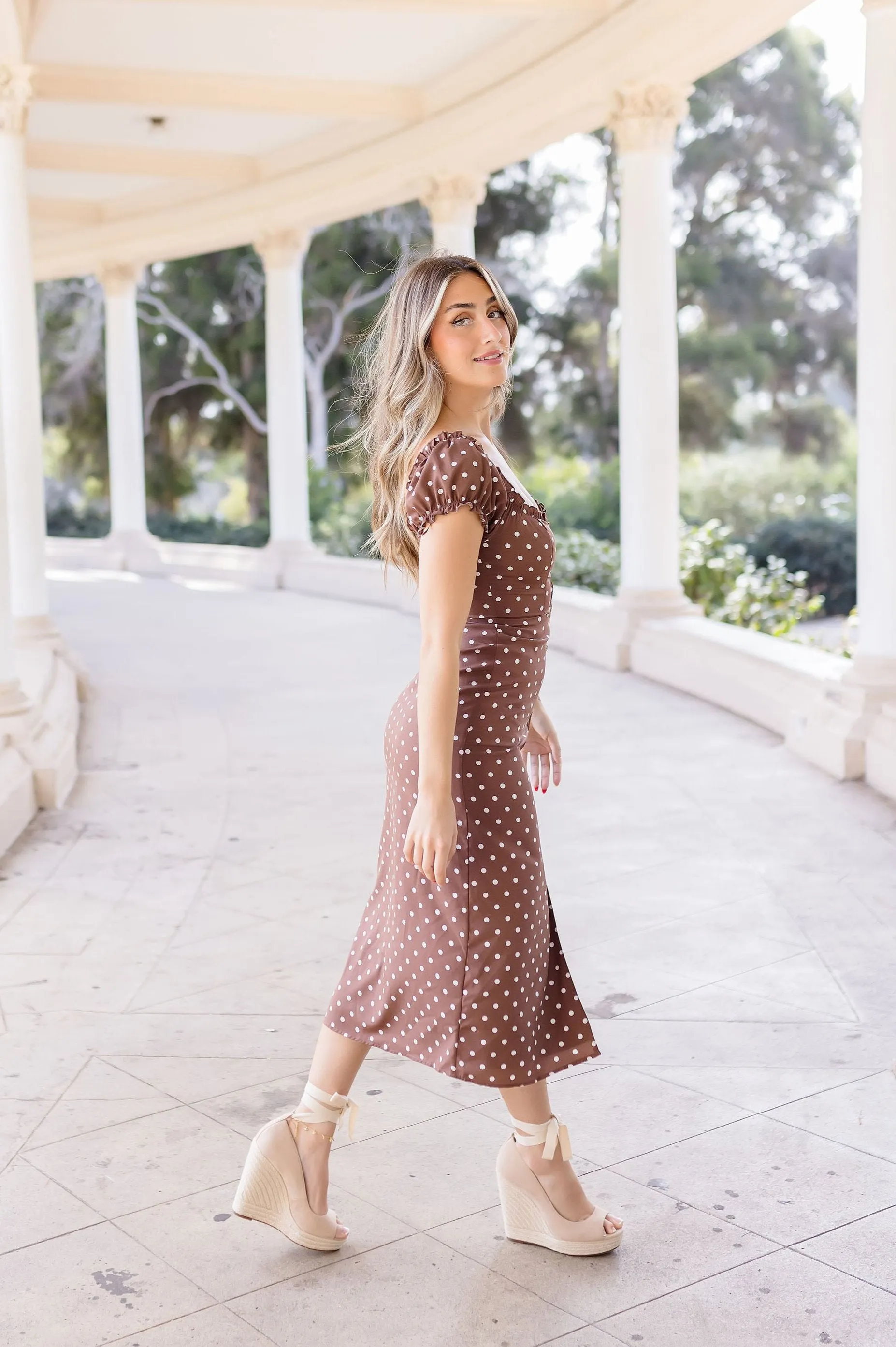 Lydia Short Sleeve Button Down Polka Dot Print Midi Dress Brown