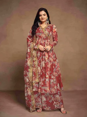 Maroon Chiffon Printed Zari Work Sequence Suit with Palazzo and Dupatta