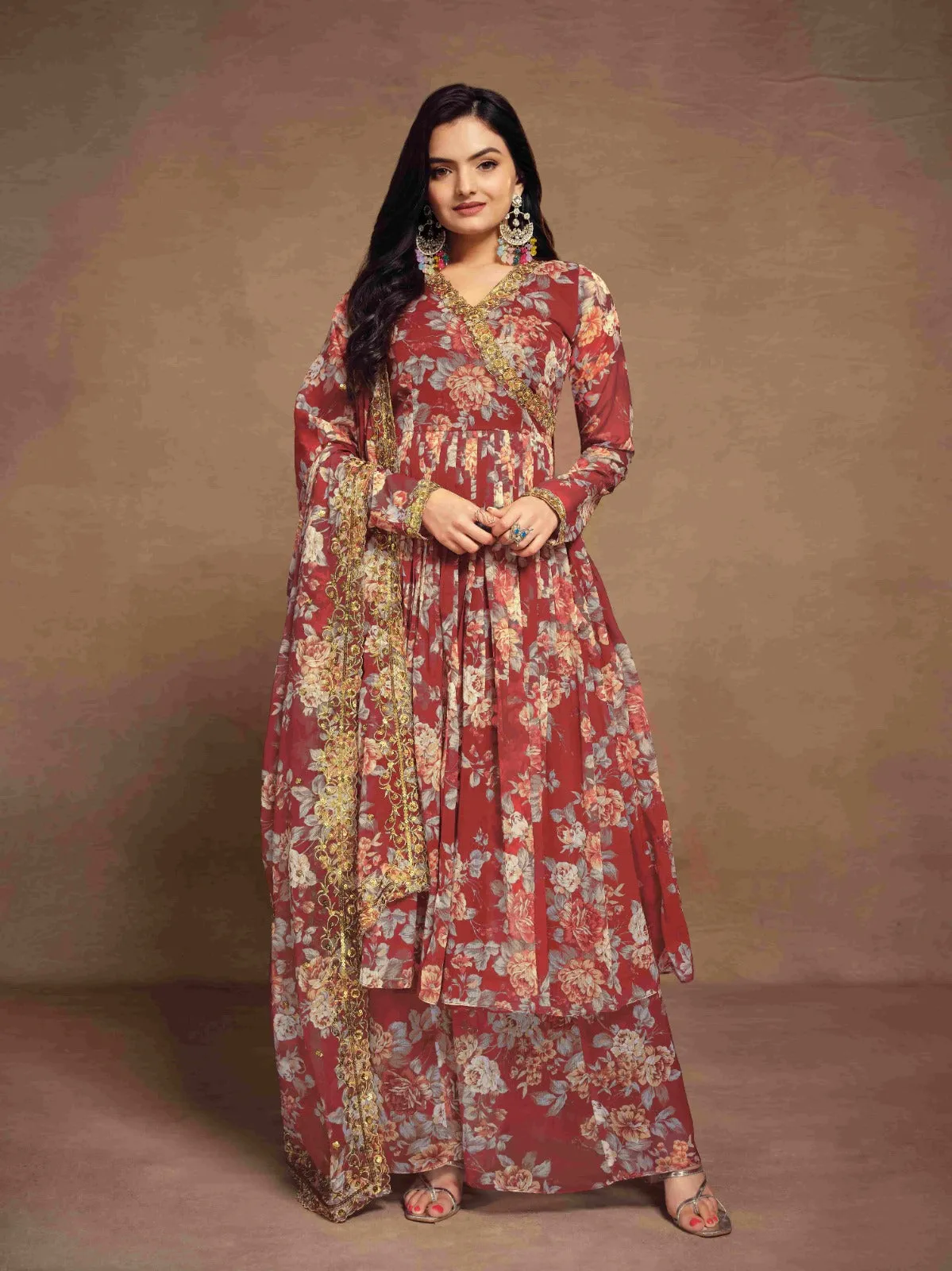 Maroon Chiffon Printed Zari Work Sequence Suit with Palazzo and Dupatta