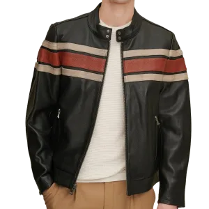 Men Black Retro Biker Striped Genuine Lambskin Leather Jacket