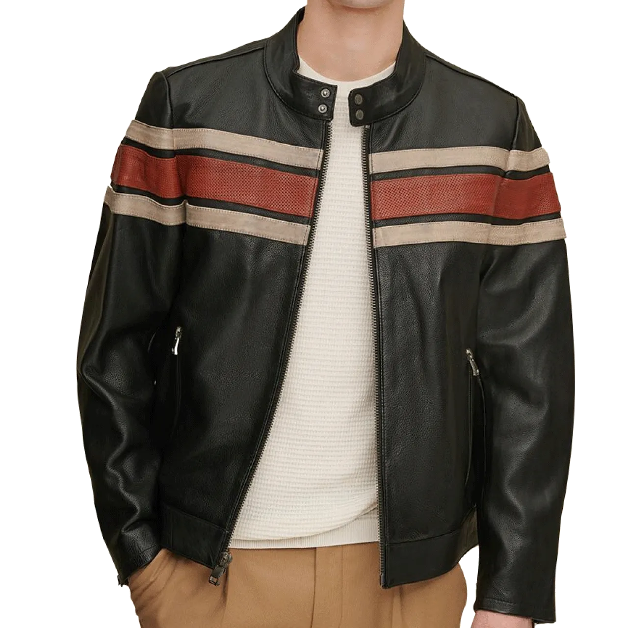 Men Black Retro Biker Striped Genuine Lambskin Leather Jacket