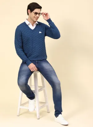 Men NAvy Blue Self Design Wool blend Pullover