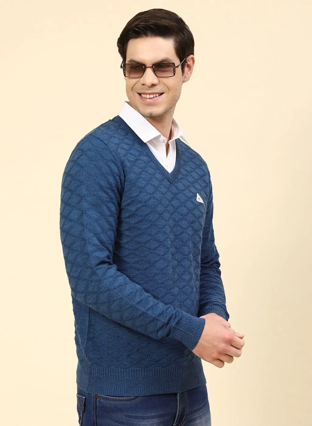 Men NAvy Blue Self Design Wool blend Pullover