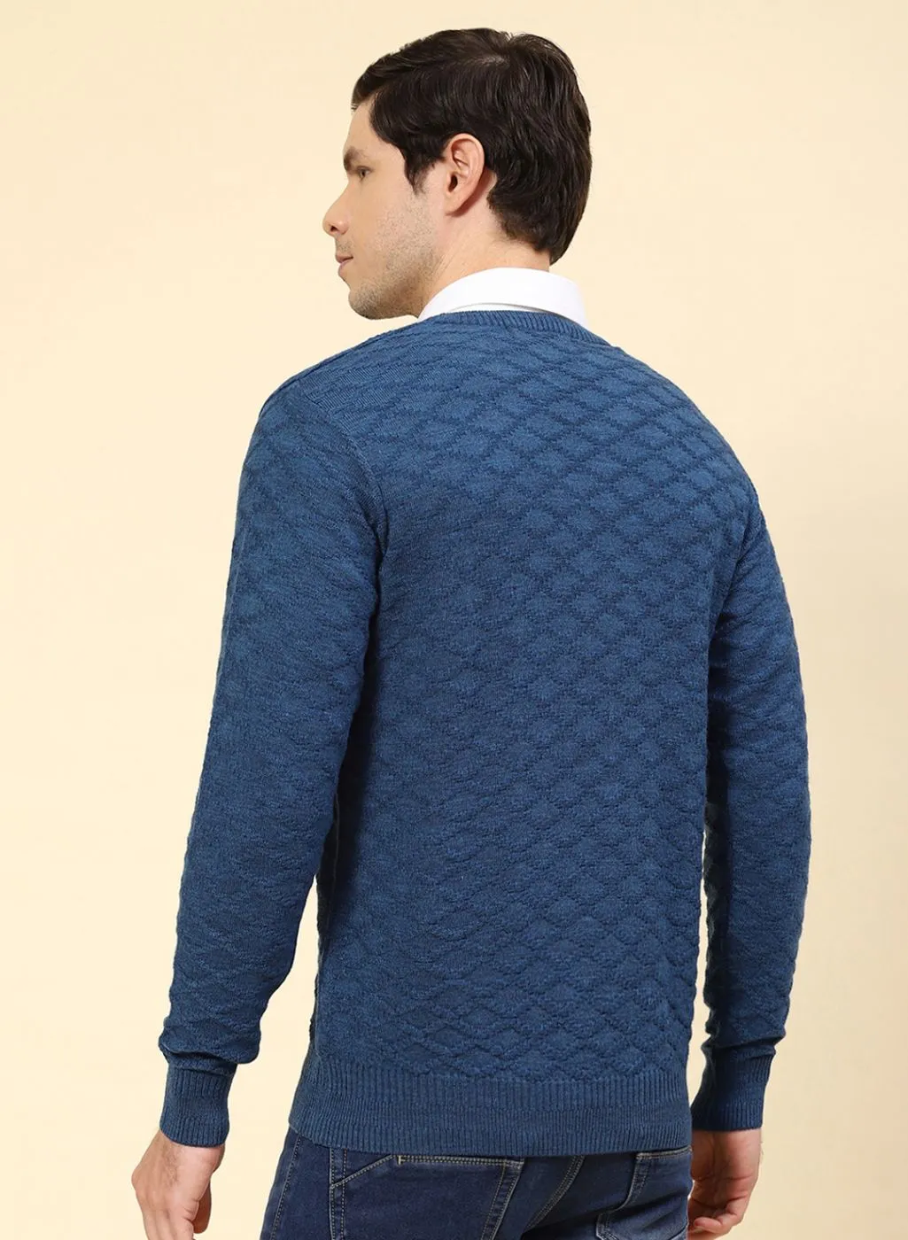 Men NAvy Blue Self Design Wool blend Pullover