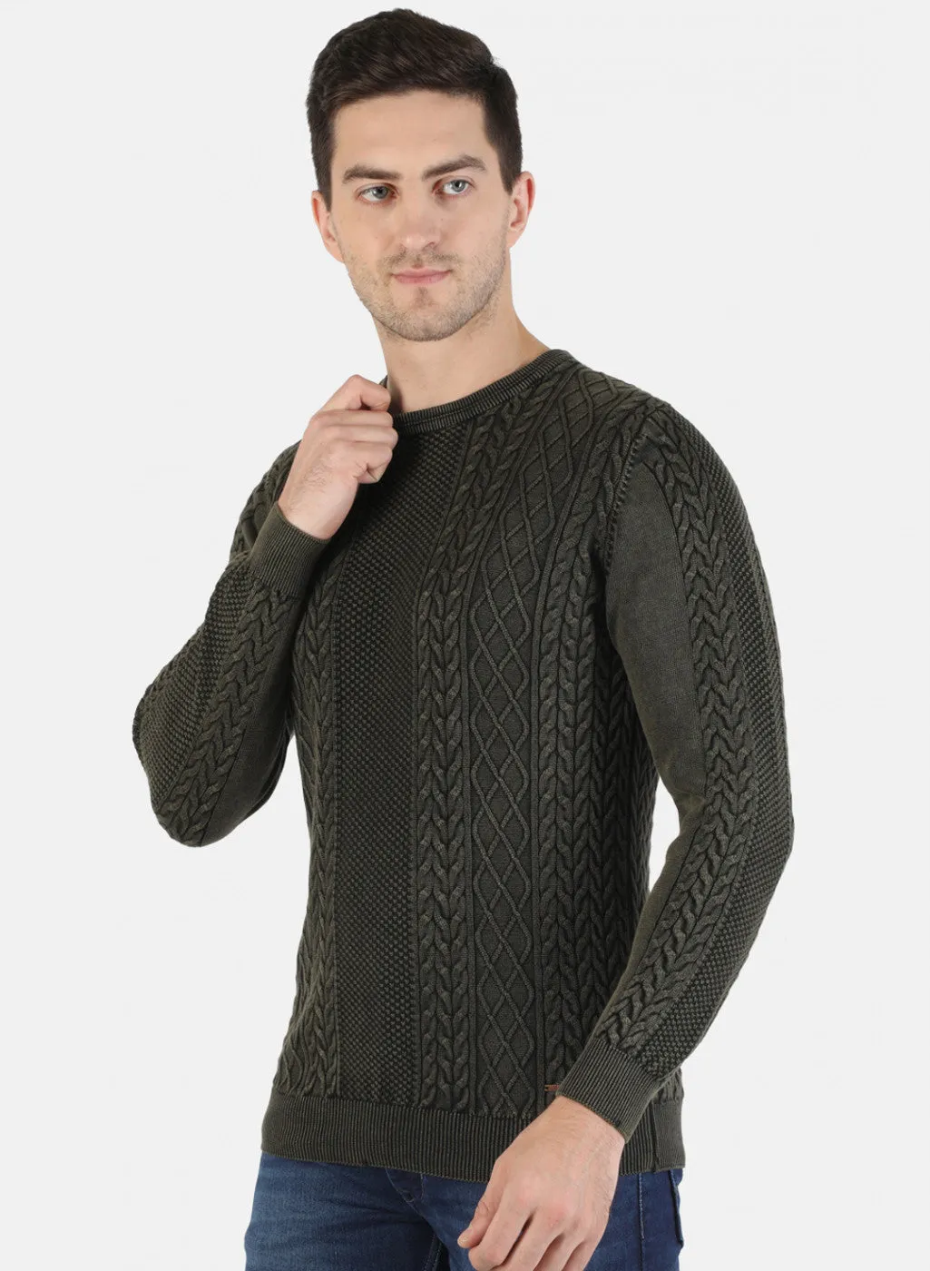 Men Olive Self Pullover