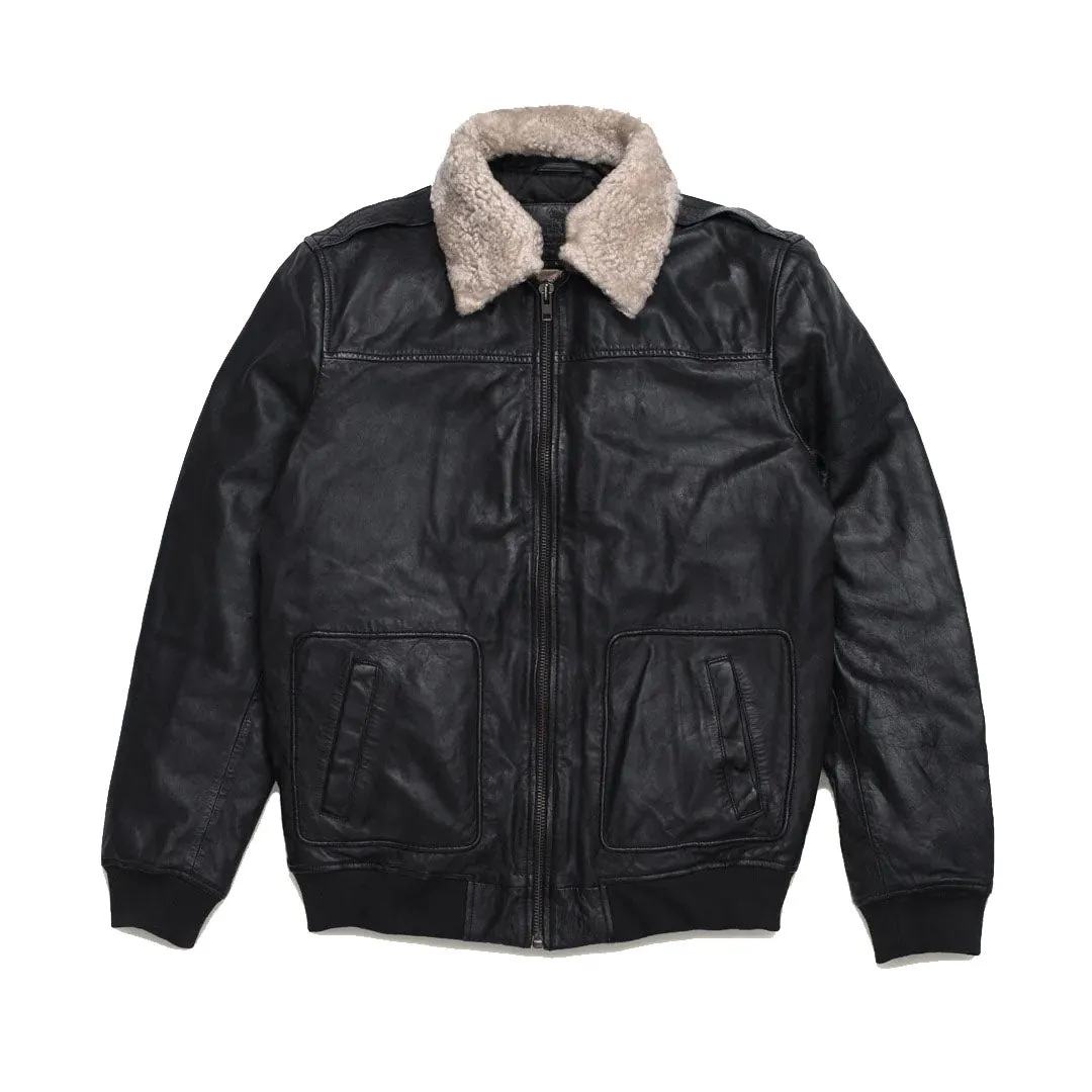 Men's Black Aviator Sheepskin Leather Bomber Jacket