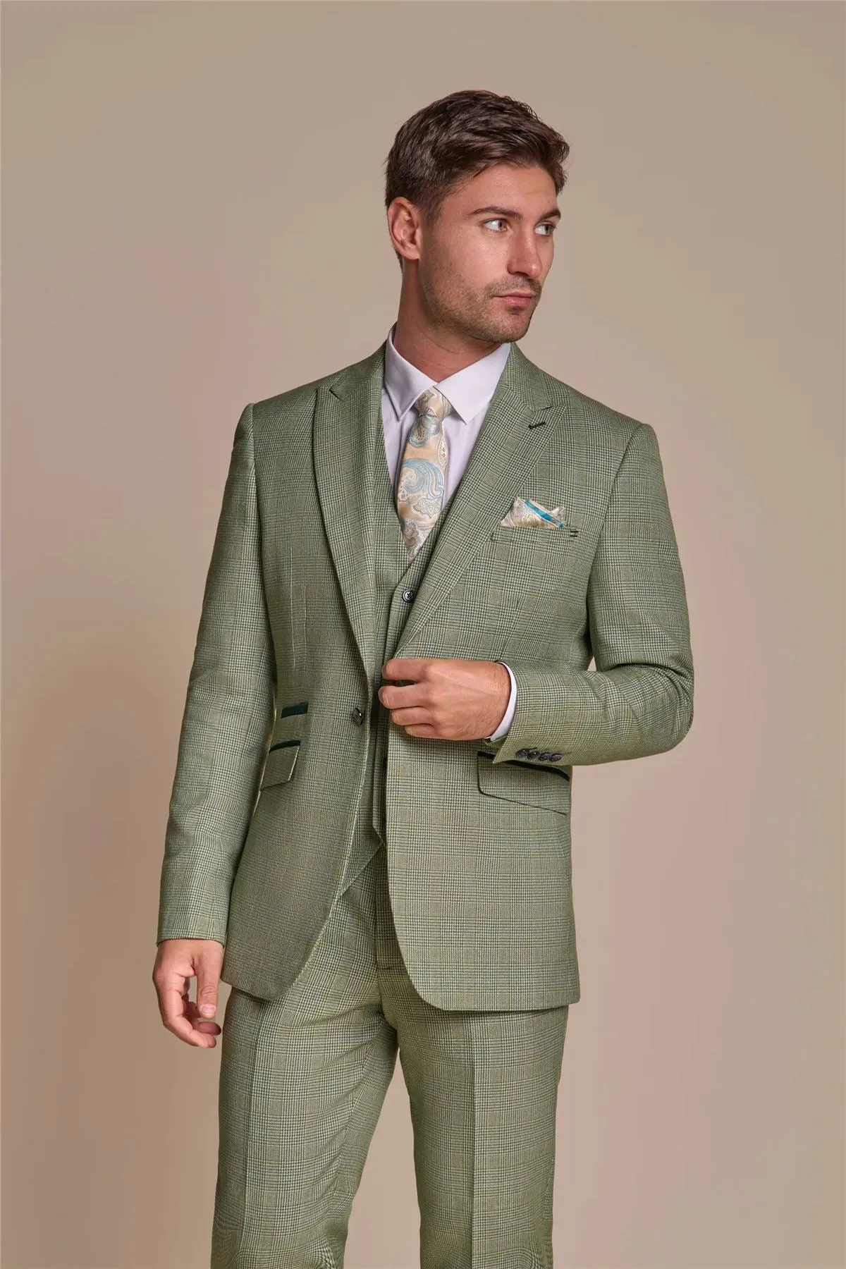 Men's Blazer Sage Green Checked Tailored Fit Formal Suit Jacket