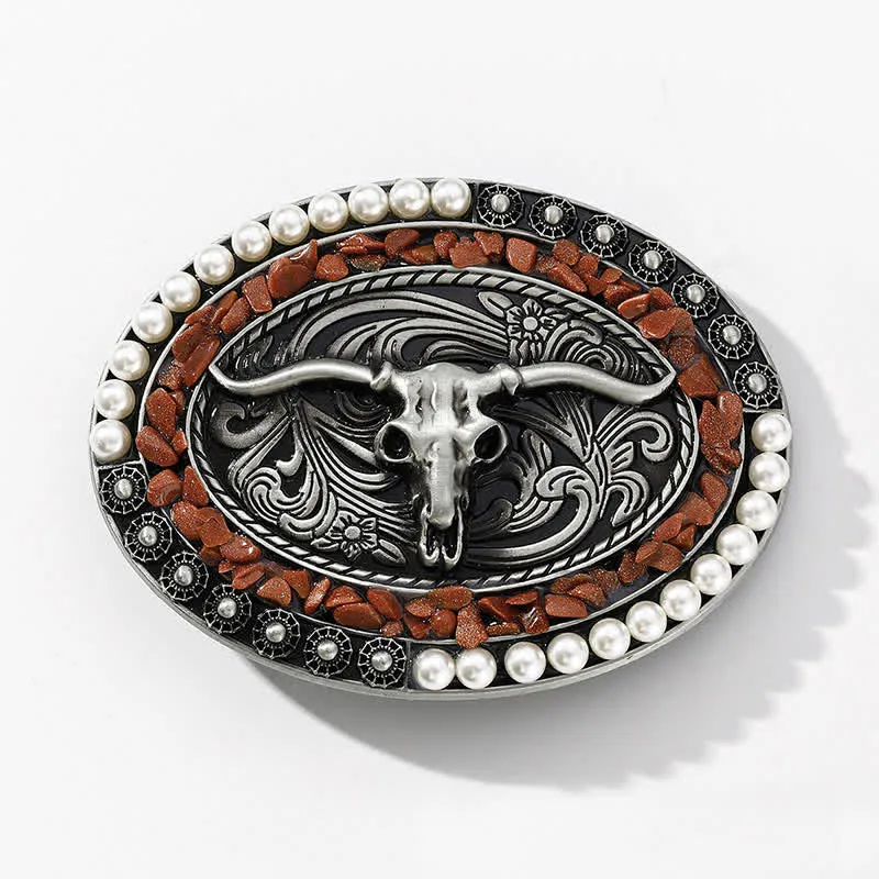 Men's DIY Sparkling Pearl Stones Bull Buckle Leather Belt