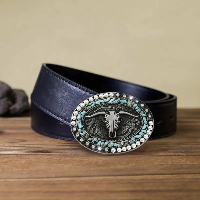 Men's DIY Sparkling Pearl Stones Bull Buckle Leather Belt