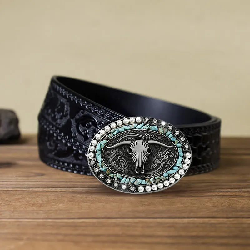 Men's DIY Sparkling Pearl Stones Bull Buckle Leather Belt