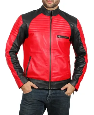 Mens Vintage Red Leather Biker Jacket