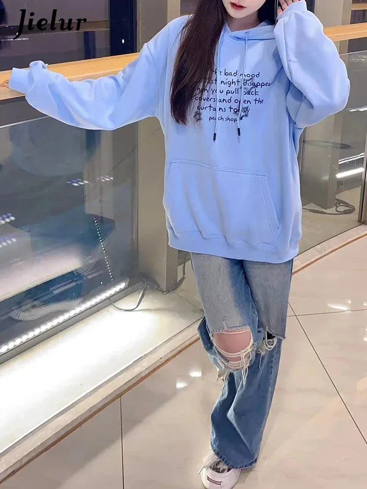 Metaversmall Sky Blue Hooded Drawstring Chic Letter Print Women Hoodies Winter Solid Color Street Simple Casual Fashion Female Hoodies