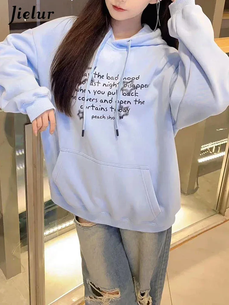 Metaversmall Sky Blue Hooded Drawstring Chic Letter Print Women Hoodies Winter Solid Color Street Simple Casual Fashion Female Hoodies