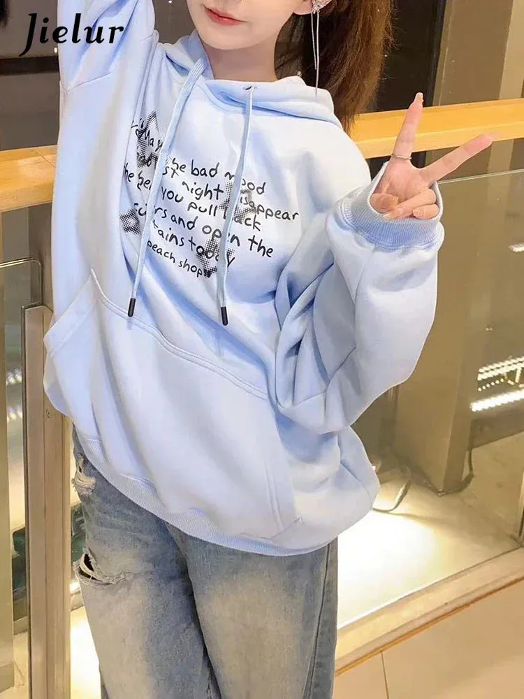 Metaversmall Sky Blue Hooded Drawstring Chic Letter Print Women Hoodies Winter Solid Color Street Simple Casual Fashion Female Hoodies