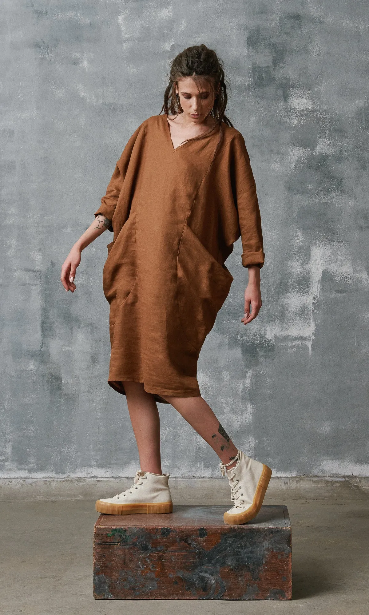 Midi Linen Dress with Large Pockets