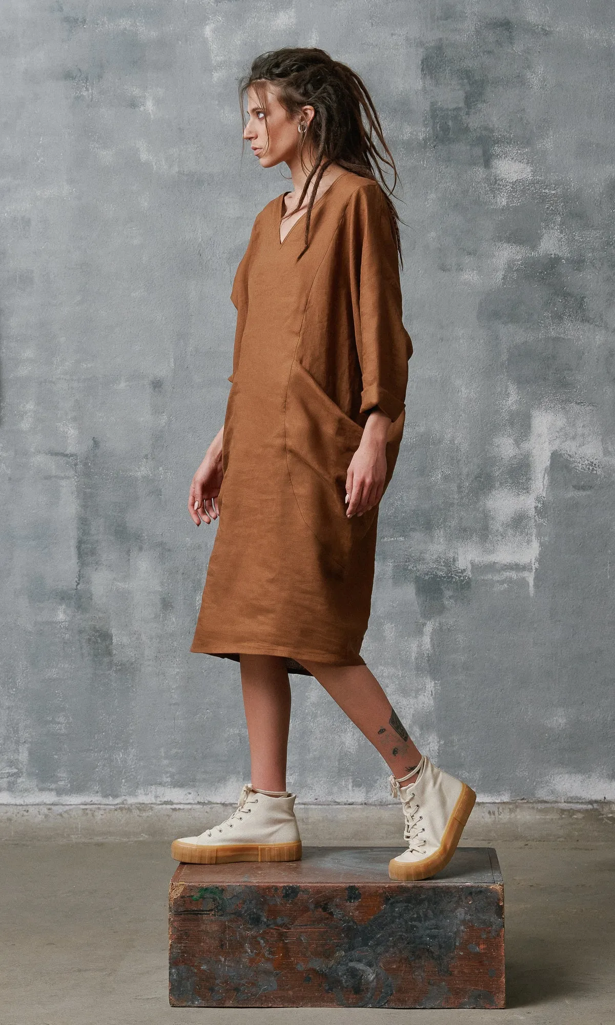 Midi Linen Dress with Large Pockets