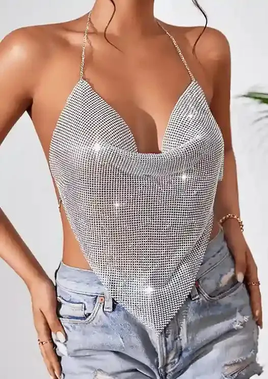 Millie Sparkly Rhinestone Chainmail Scarf Hem Tank Top