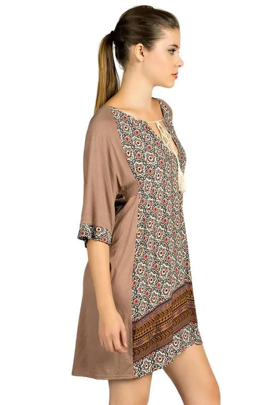 Mixed Print Tassel Tie Dress, Taupe