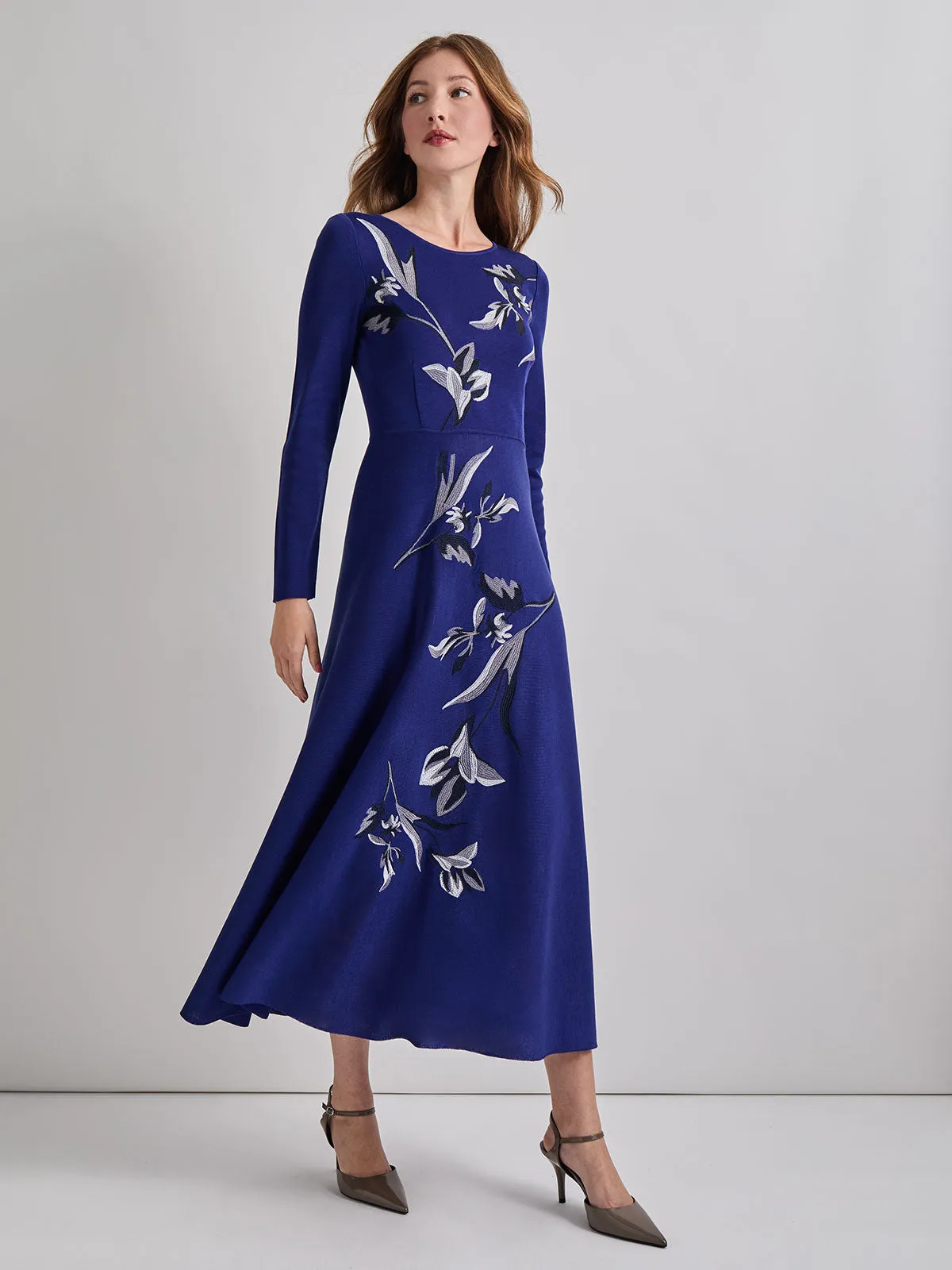 Modern Fit-and-Flare Embroidered Floral Knit Maxi Dress