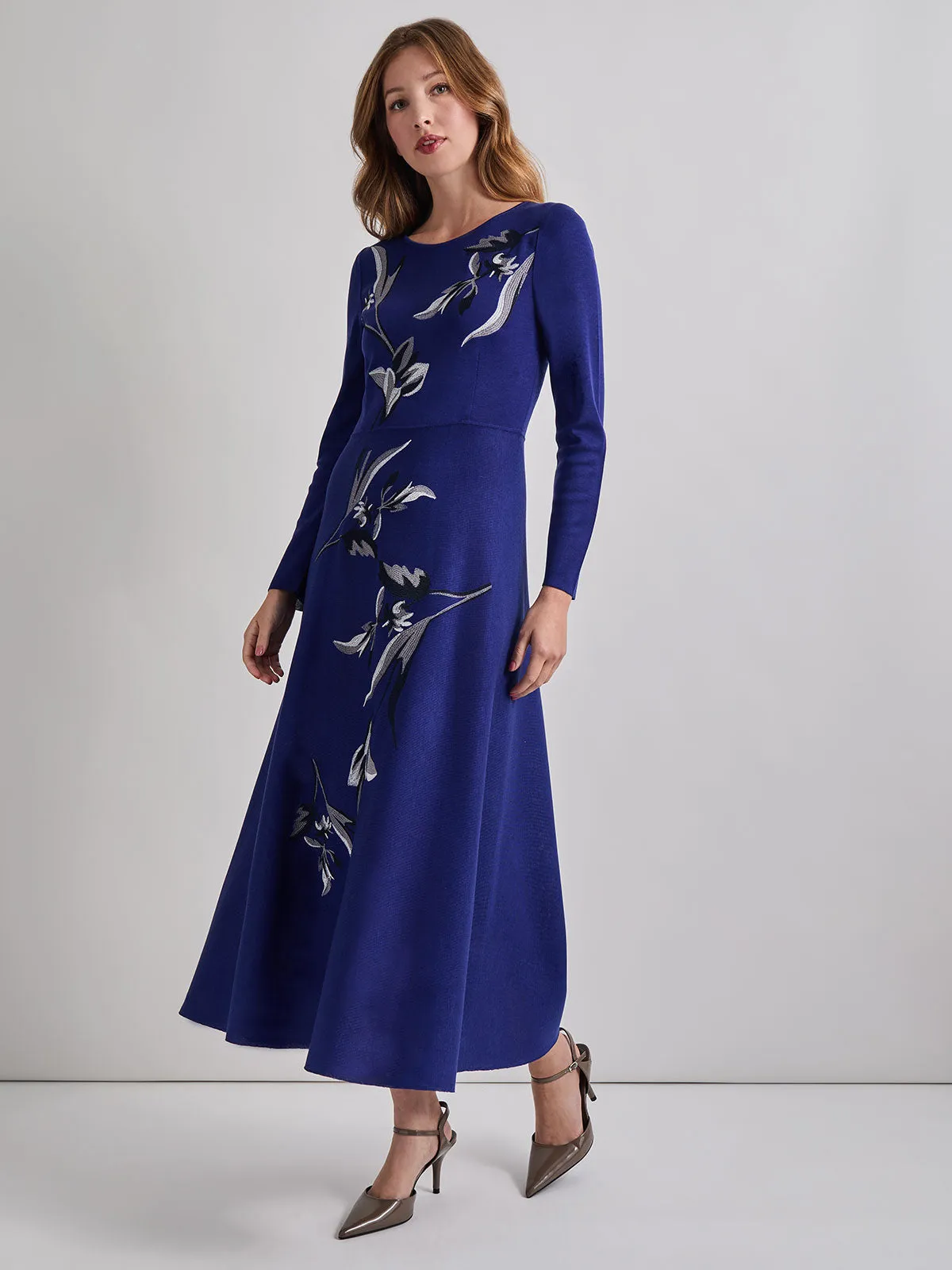 Modern Fit-and-Flare Embroidered Floral Knit Maxi Dress