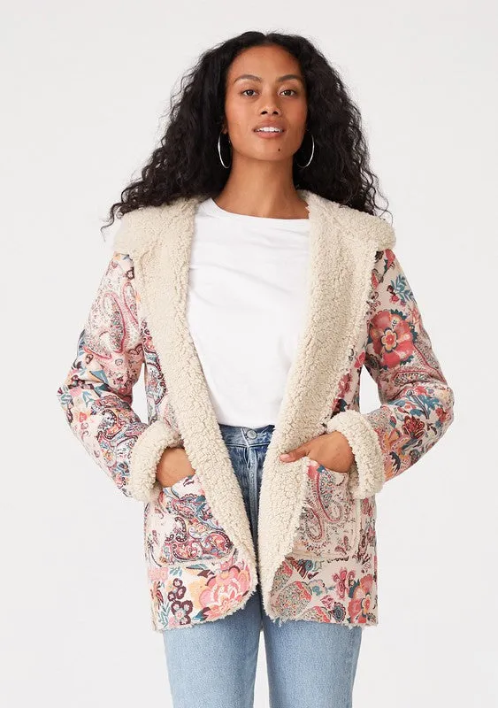 Natural/Red Paisley Floral Print Long Sleeve Hooded Jacket