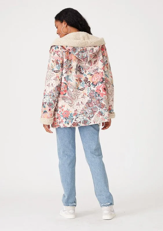 Natural/Red Paisley Floral Print Long Sleeve Hooded Jacket