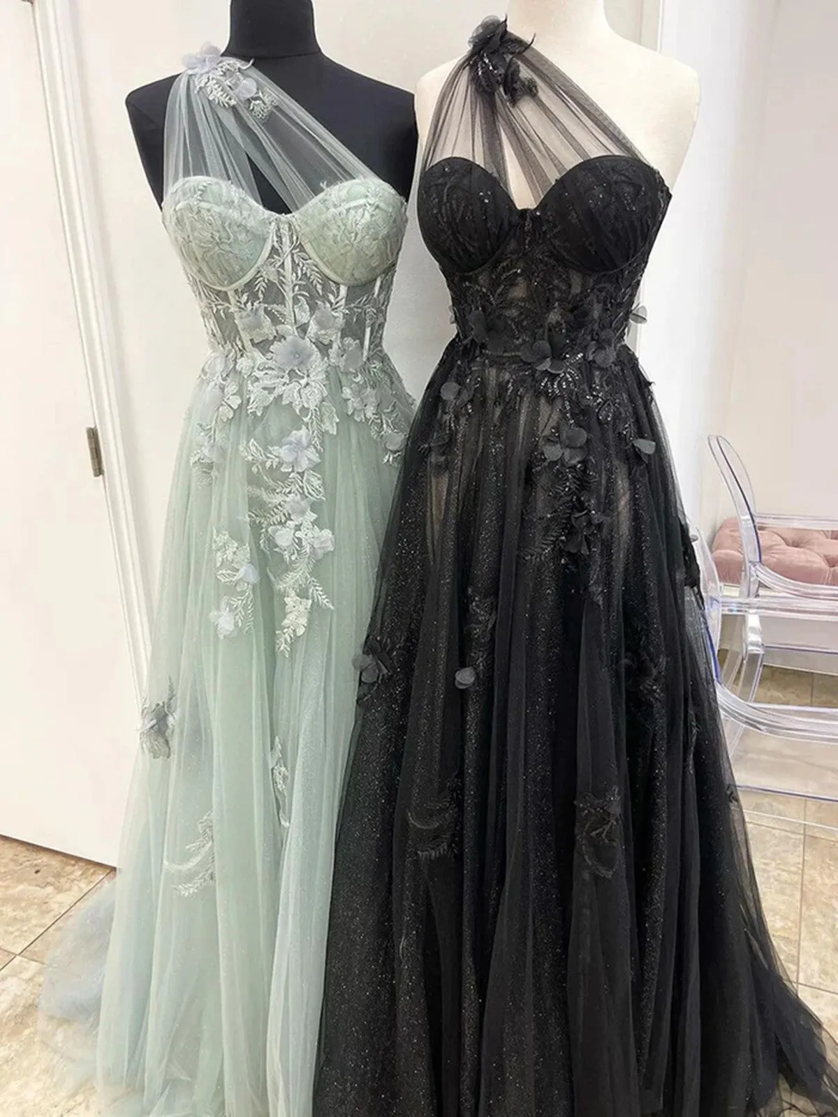 One Shoulder Tulle with Lace Applique High Slit Party Dress, Tulle Formal Prom Dress