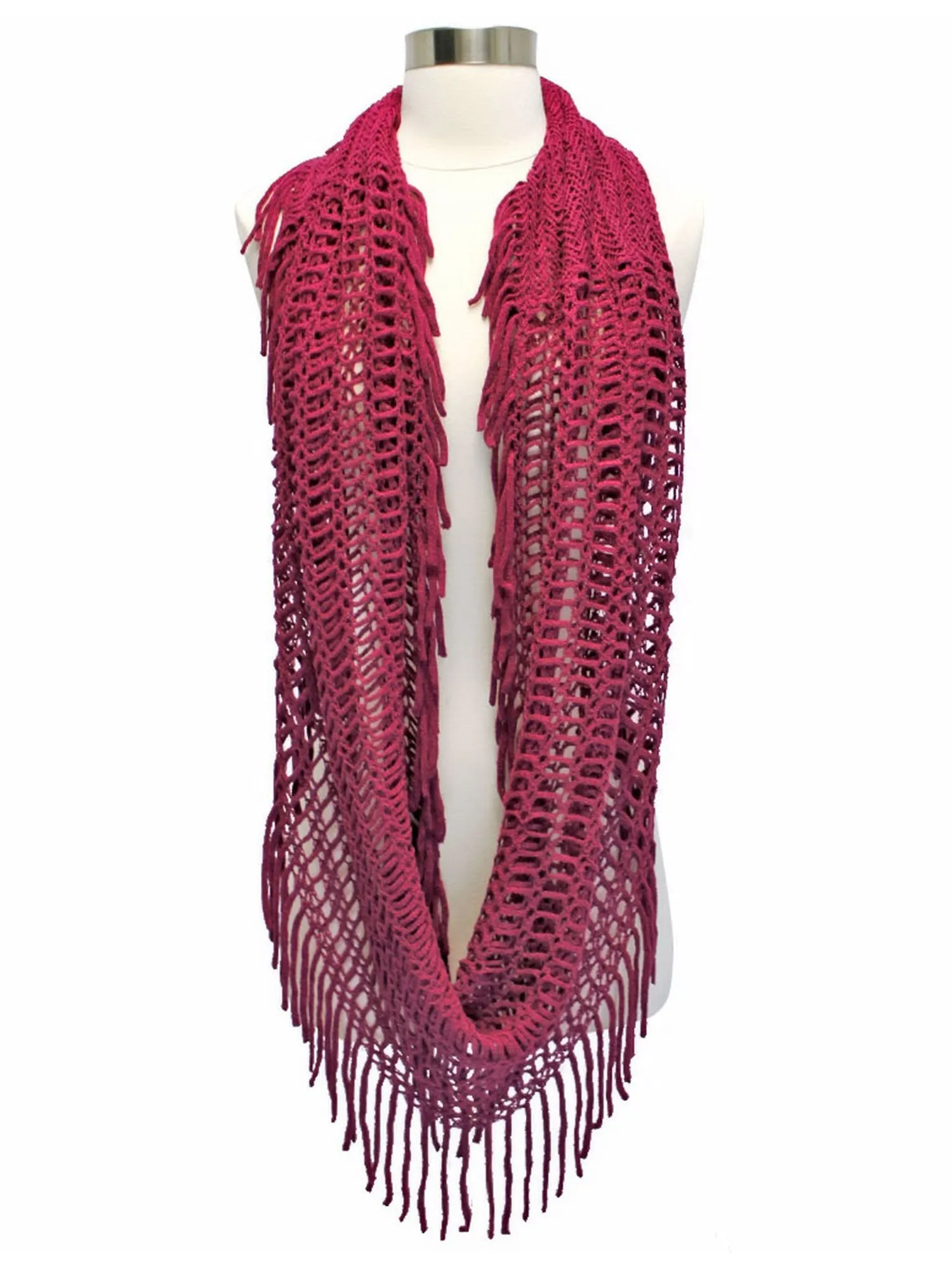 Open Knit Circular Scarf With Fringe