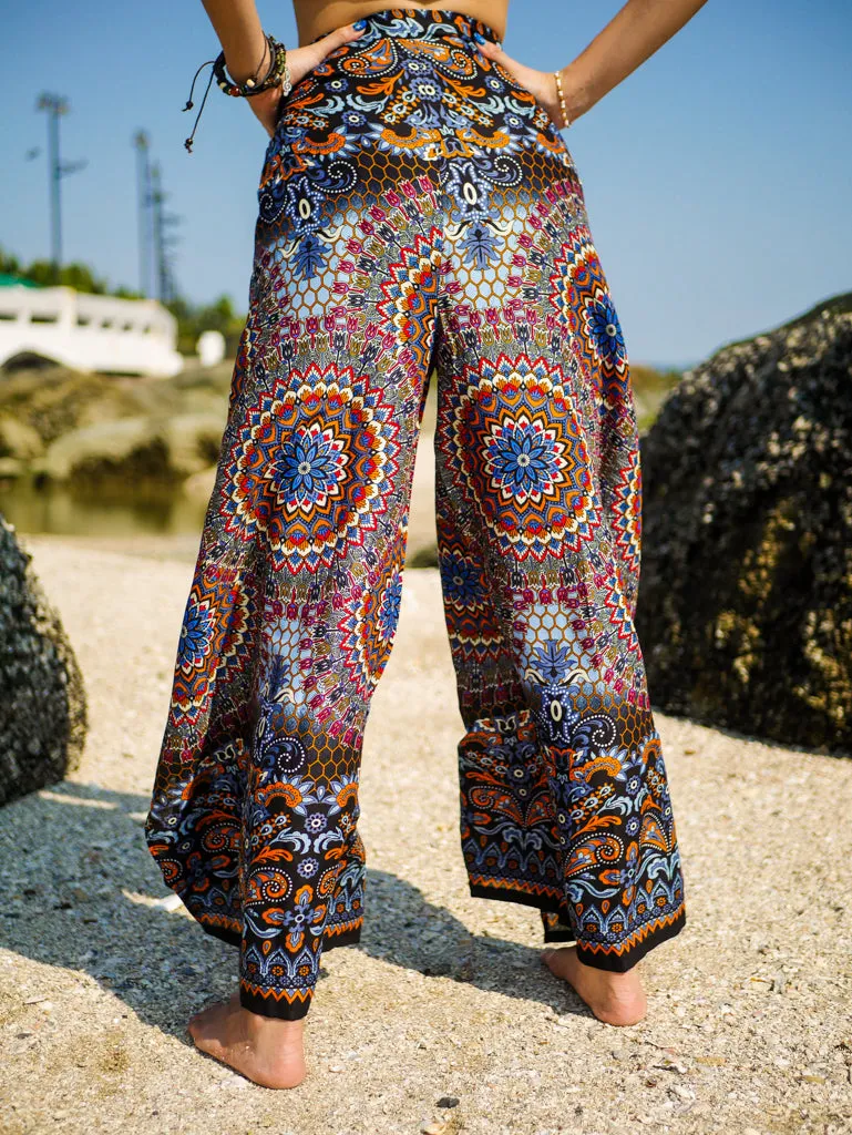 Orange and Blue Paisley Mandala Palazzo Wrap Pants