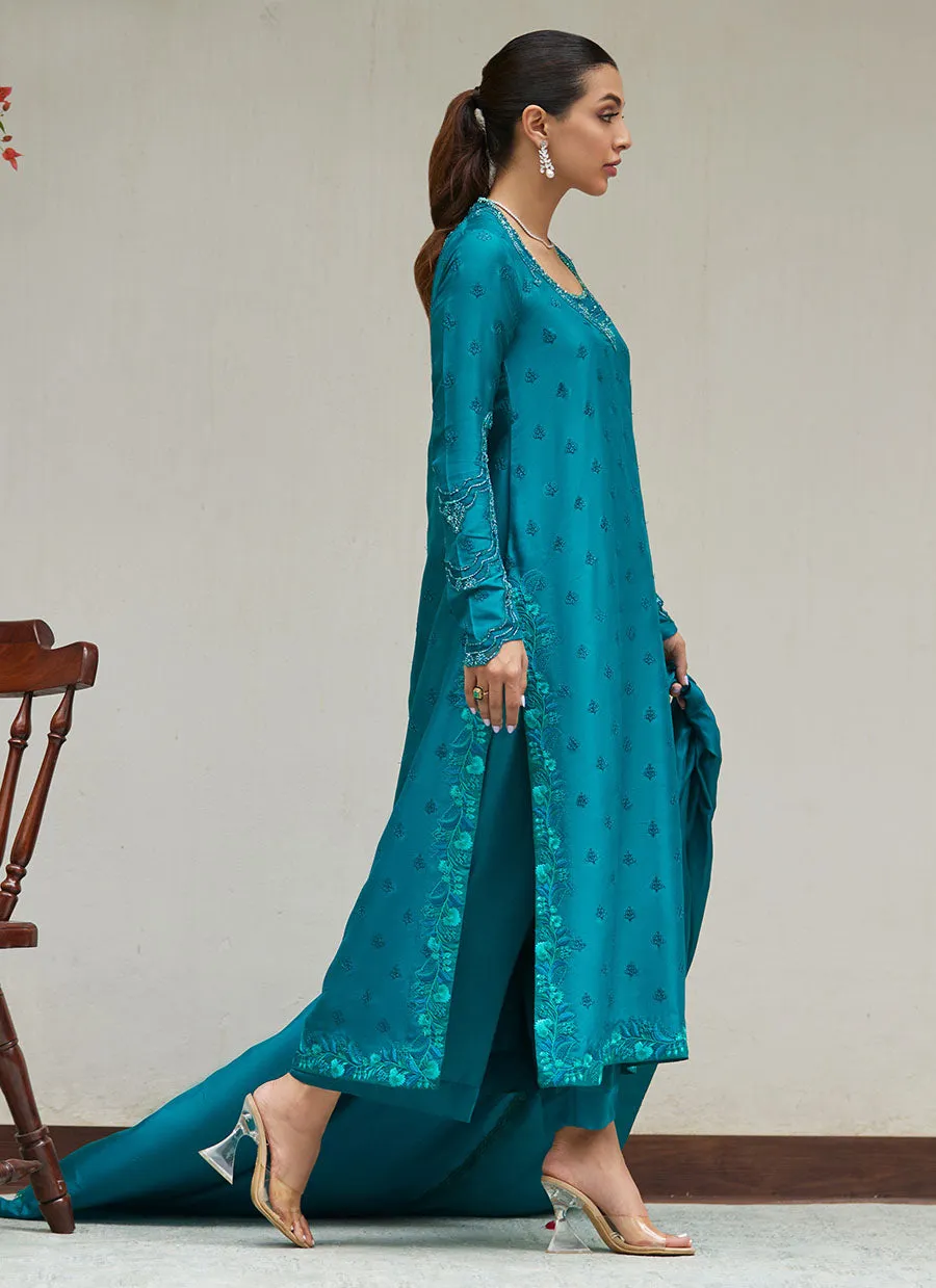 Persian Green Embroidered and Embellished Raw Silk Shirt with Dupatta