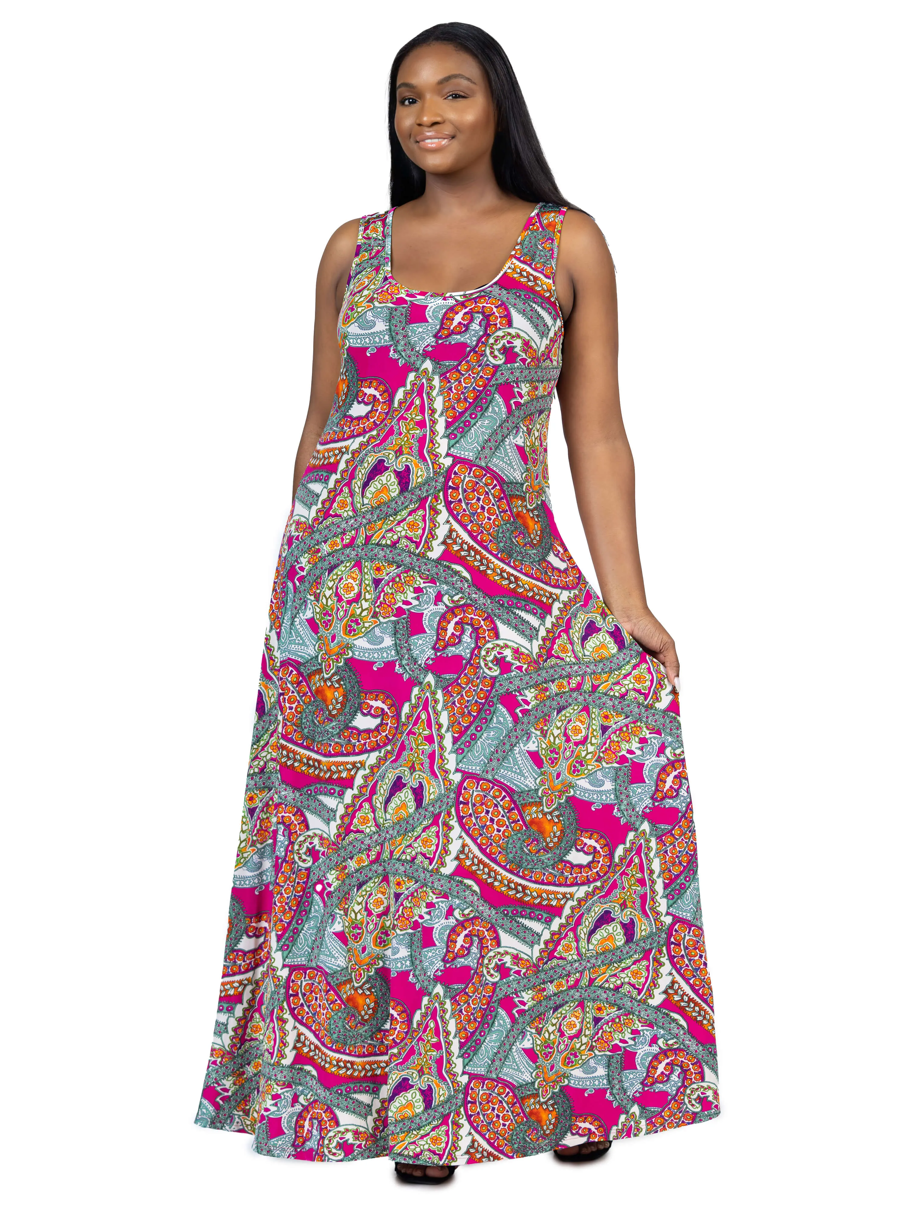 Plus Size Pink Paisley Print Scoop Neck A Line Sleeveless Maxi Dress