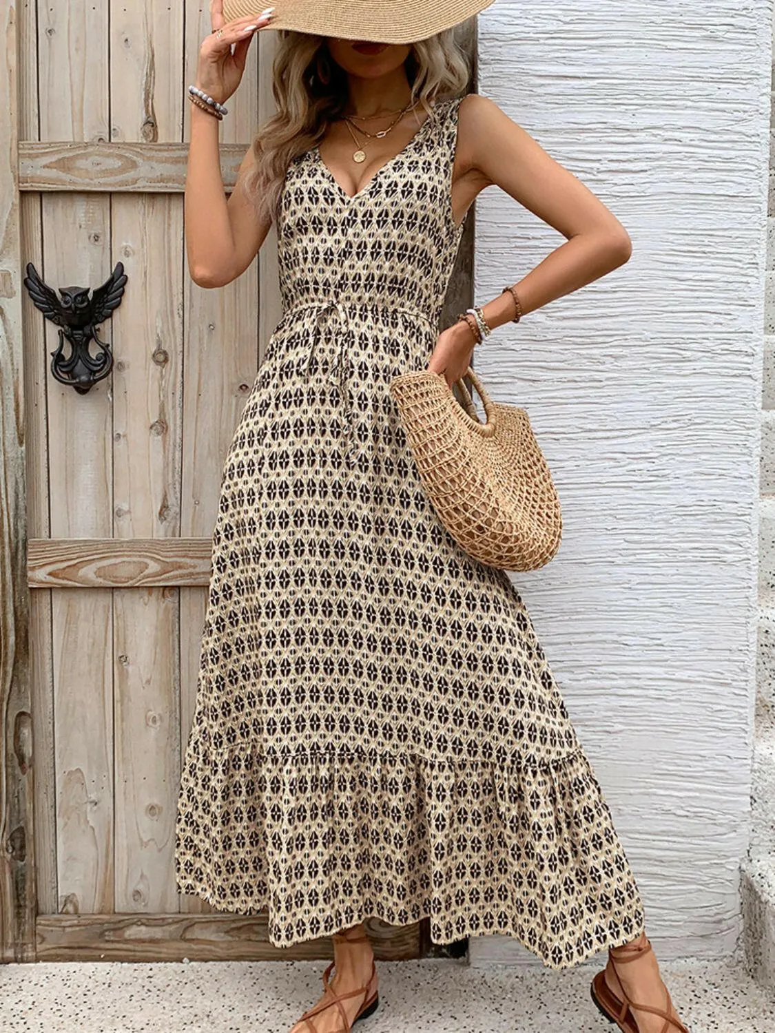 Printed V-Neck Tie Waist Maxi Dress