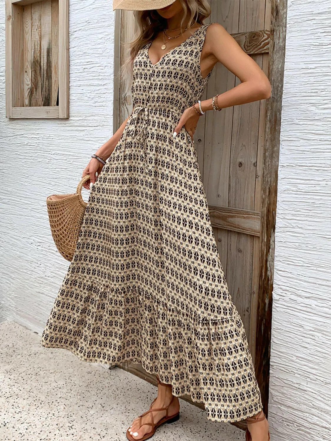 Printed V-Neck Tie Waist Maxi Dress