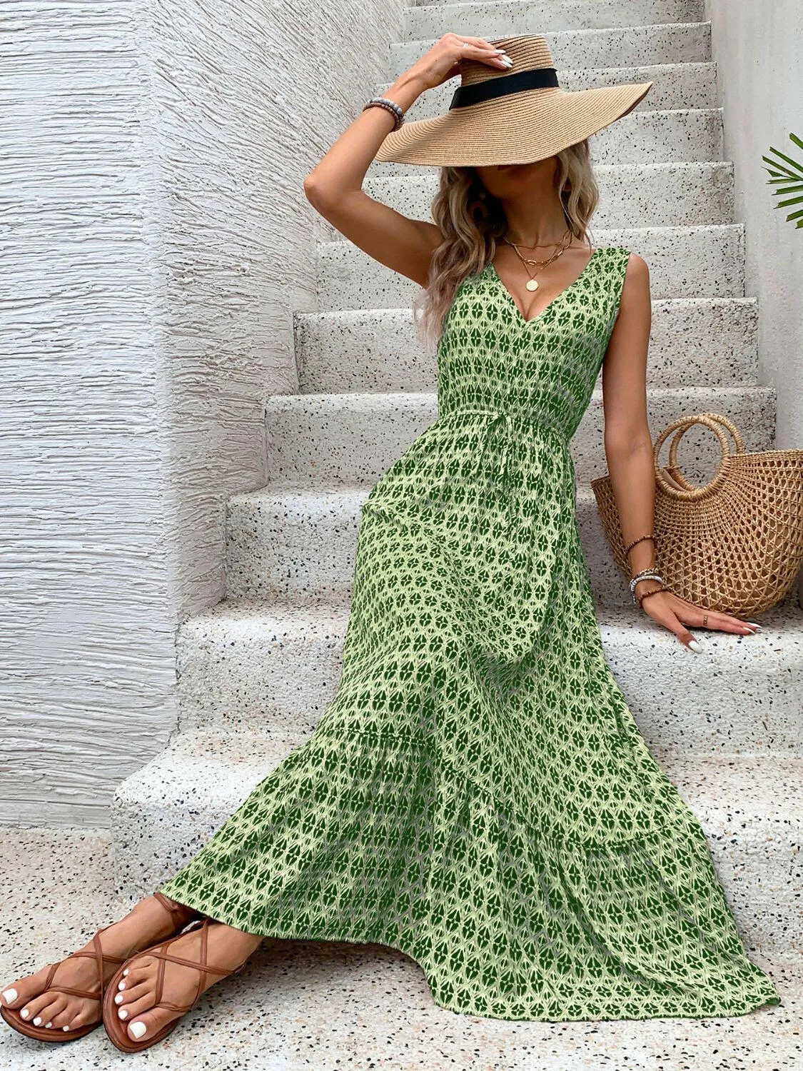 Printed V-Neck Tie Waist Maxi Dress