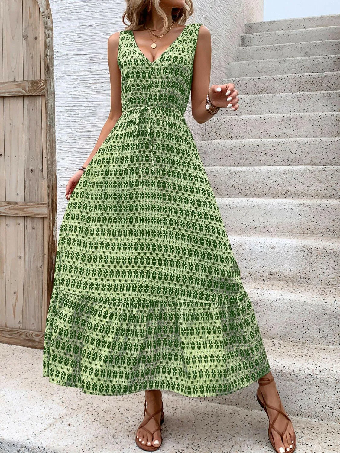 Printed V-Neck Tie Waist Maxi Dress