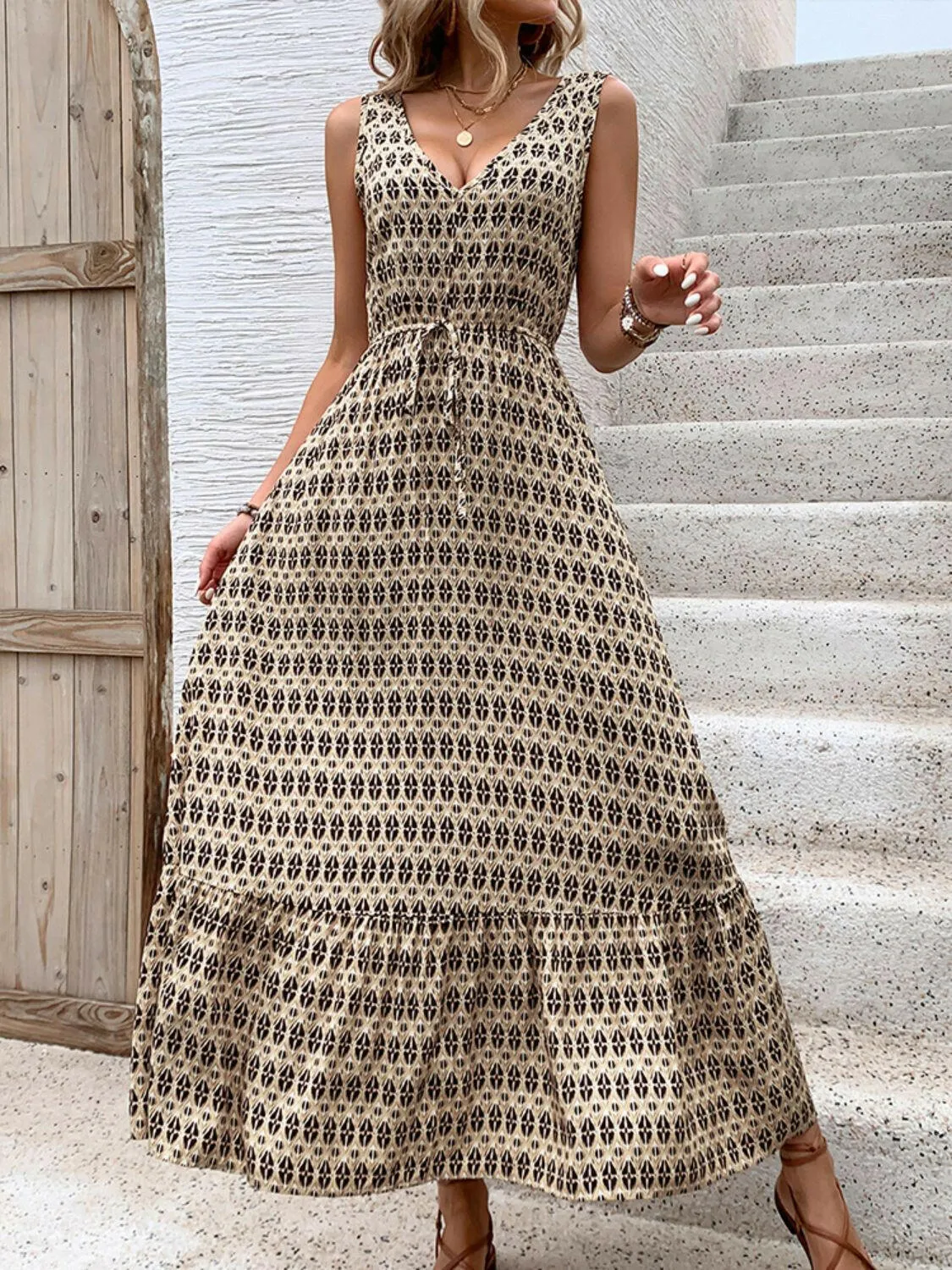 Printed V-Neck Tie Waist Maxi Dress