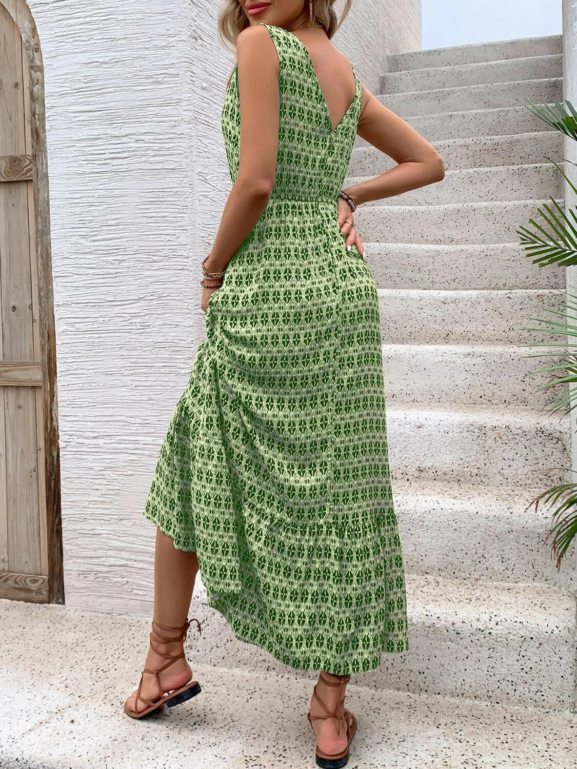 Printed V-Neck Tie Waist Maxi Dress