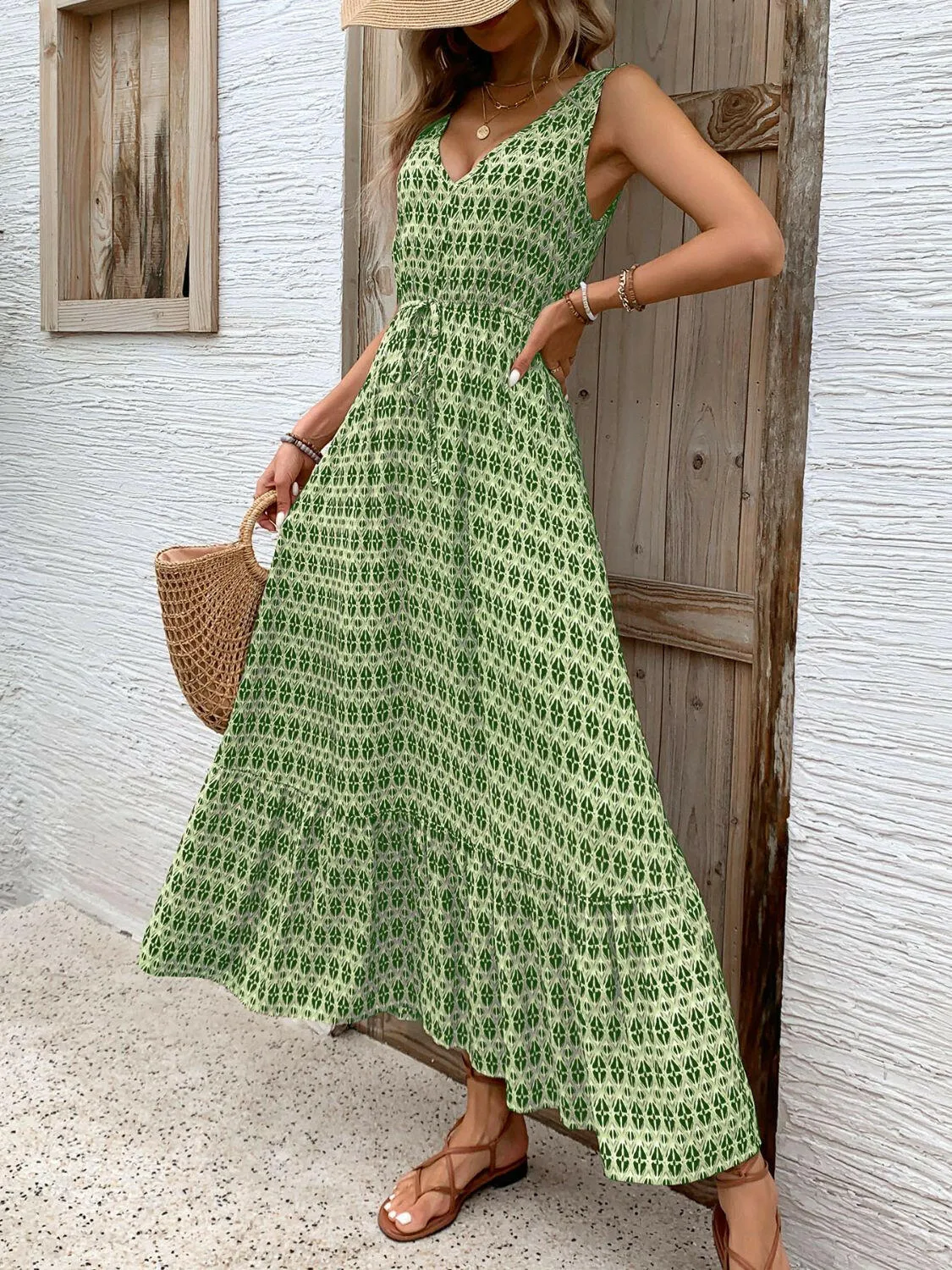 Printed V-Neck Tie Waist Maxi Dress