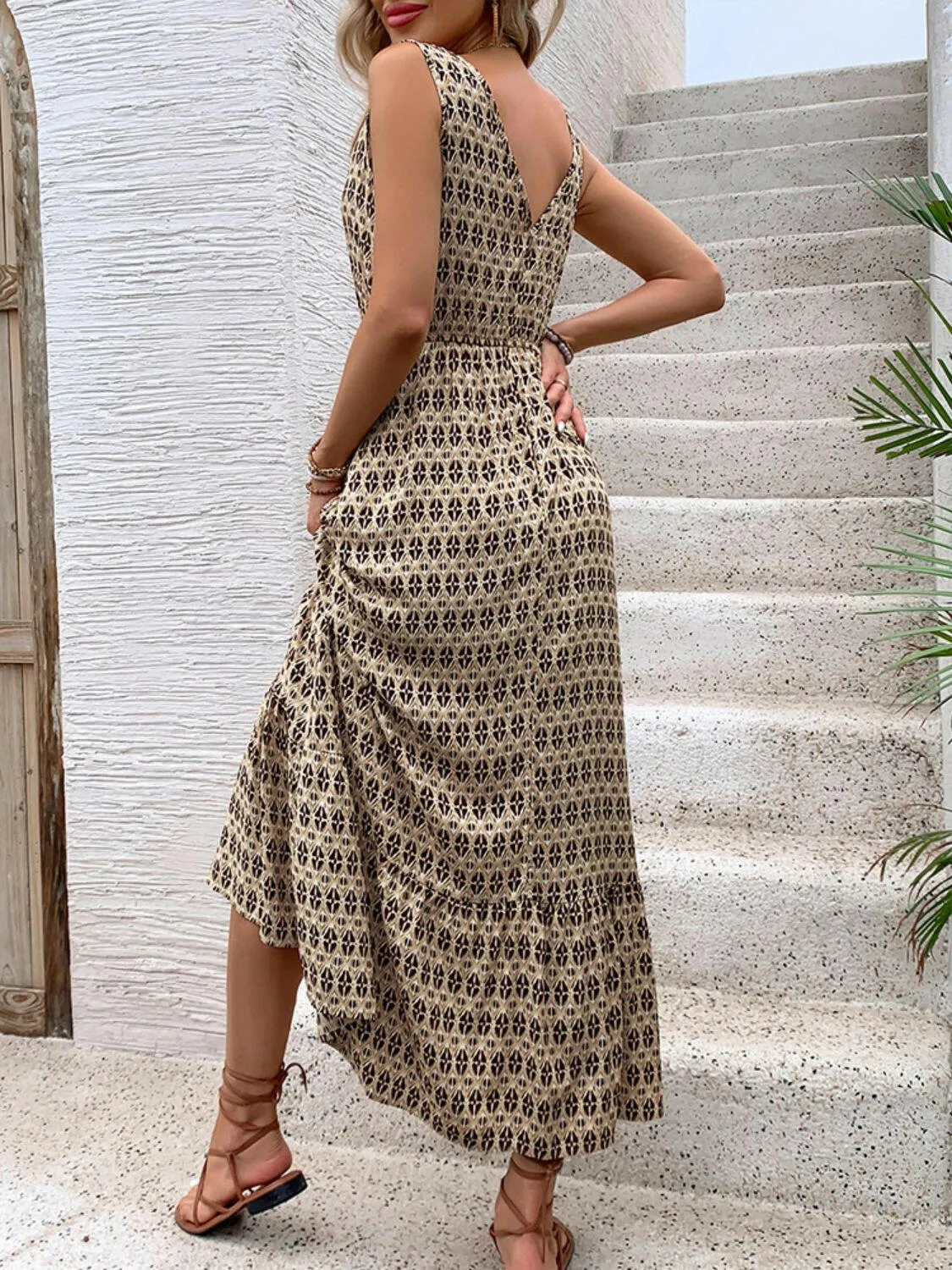 Printed V-Neck Tie Waist Maxi Dress