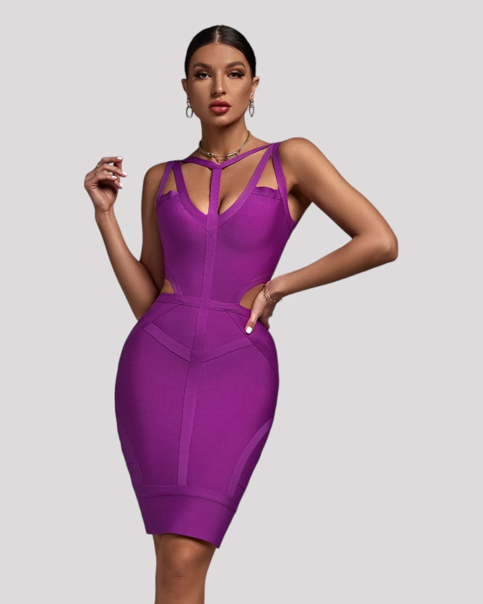 Purple Fitted Cocktail Dress with Cut Outs