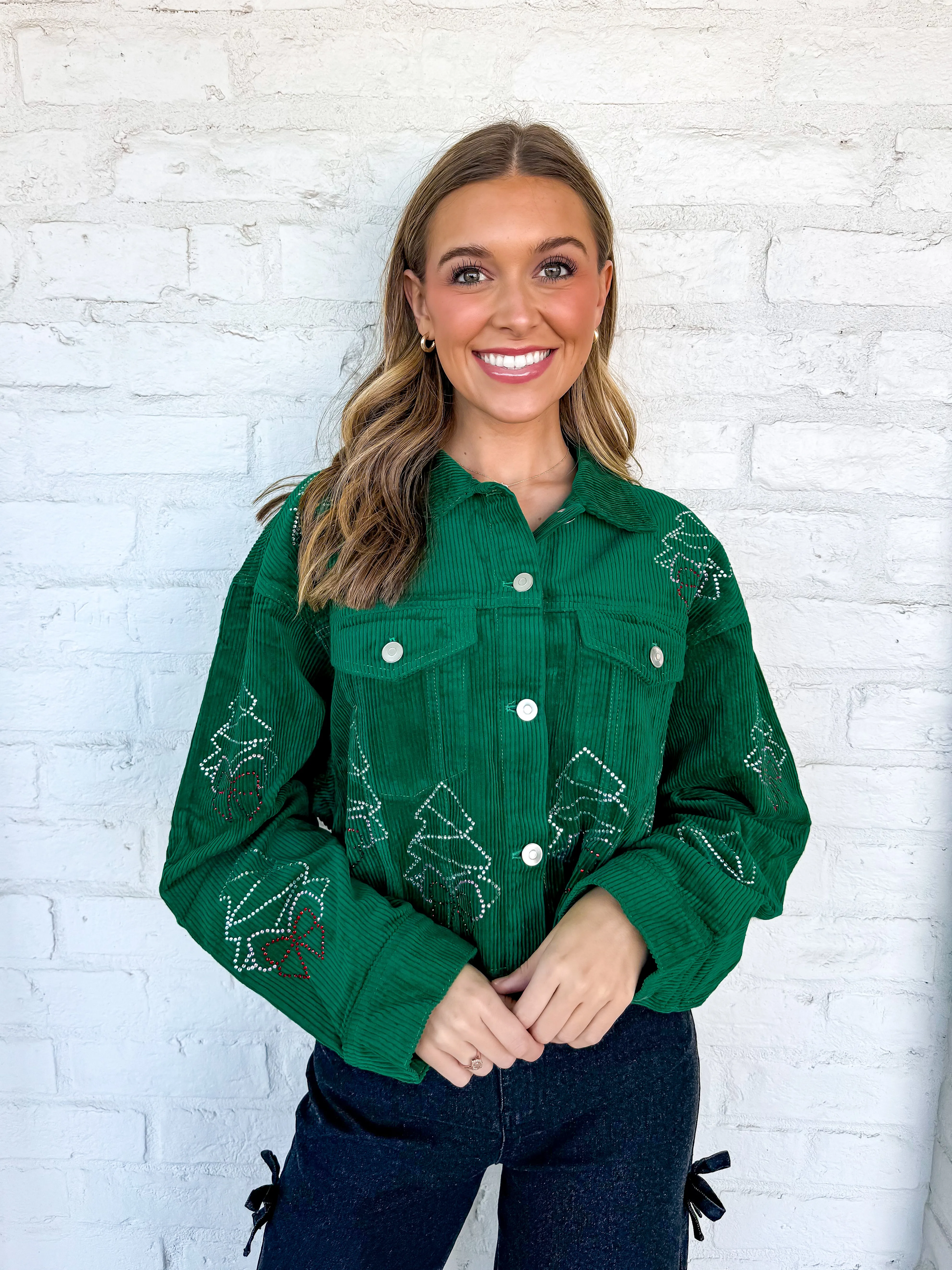 Queen Of Christmas Tree and Bow Corduroy Green Jacket