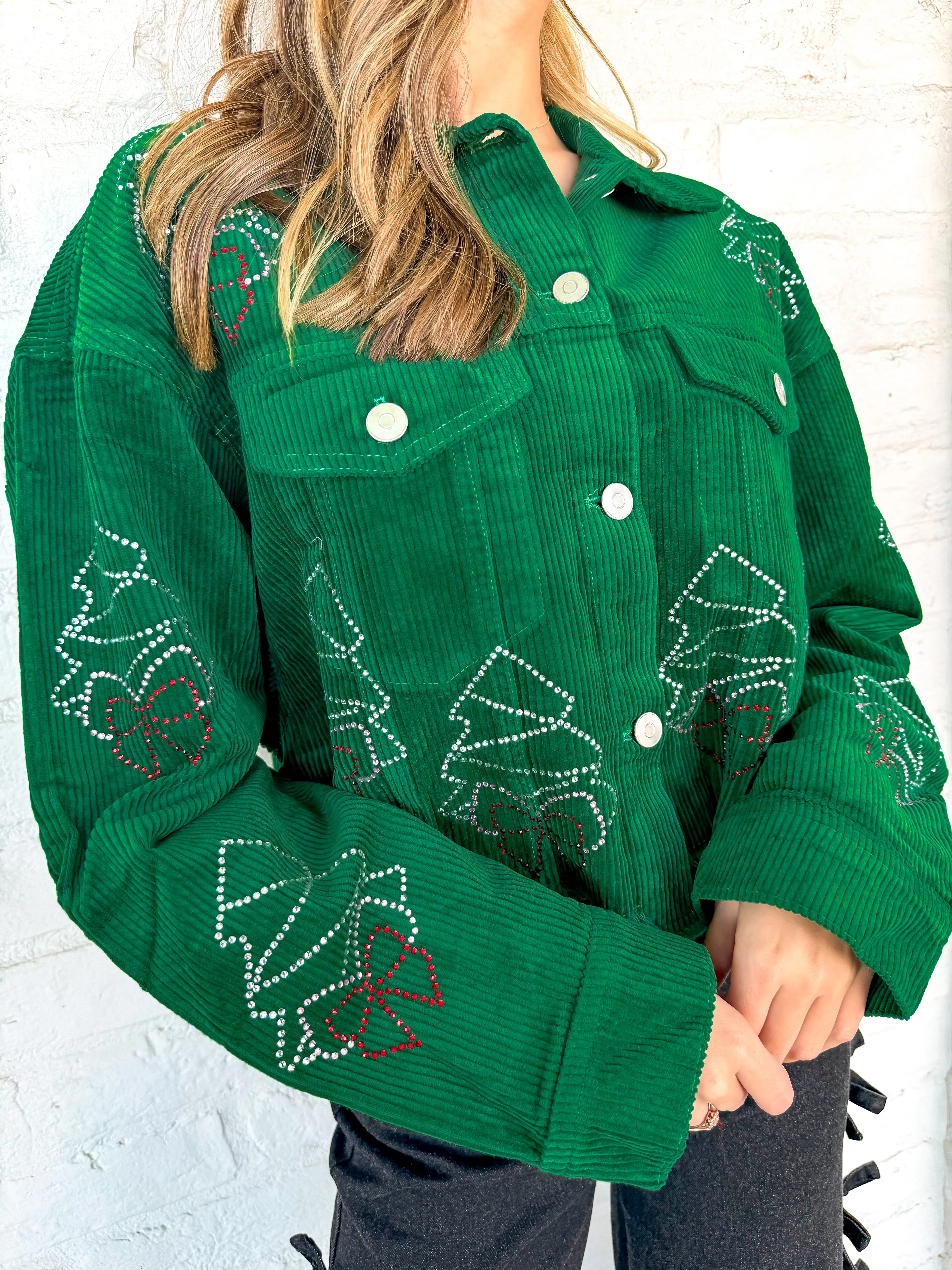 Queen Of Christmas Tree and Bow Corduroy Green Jacket