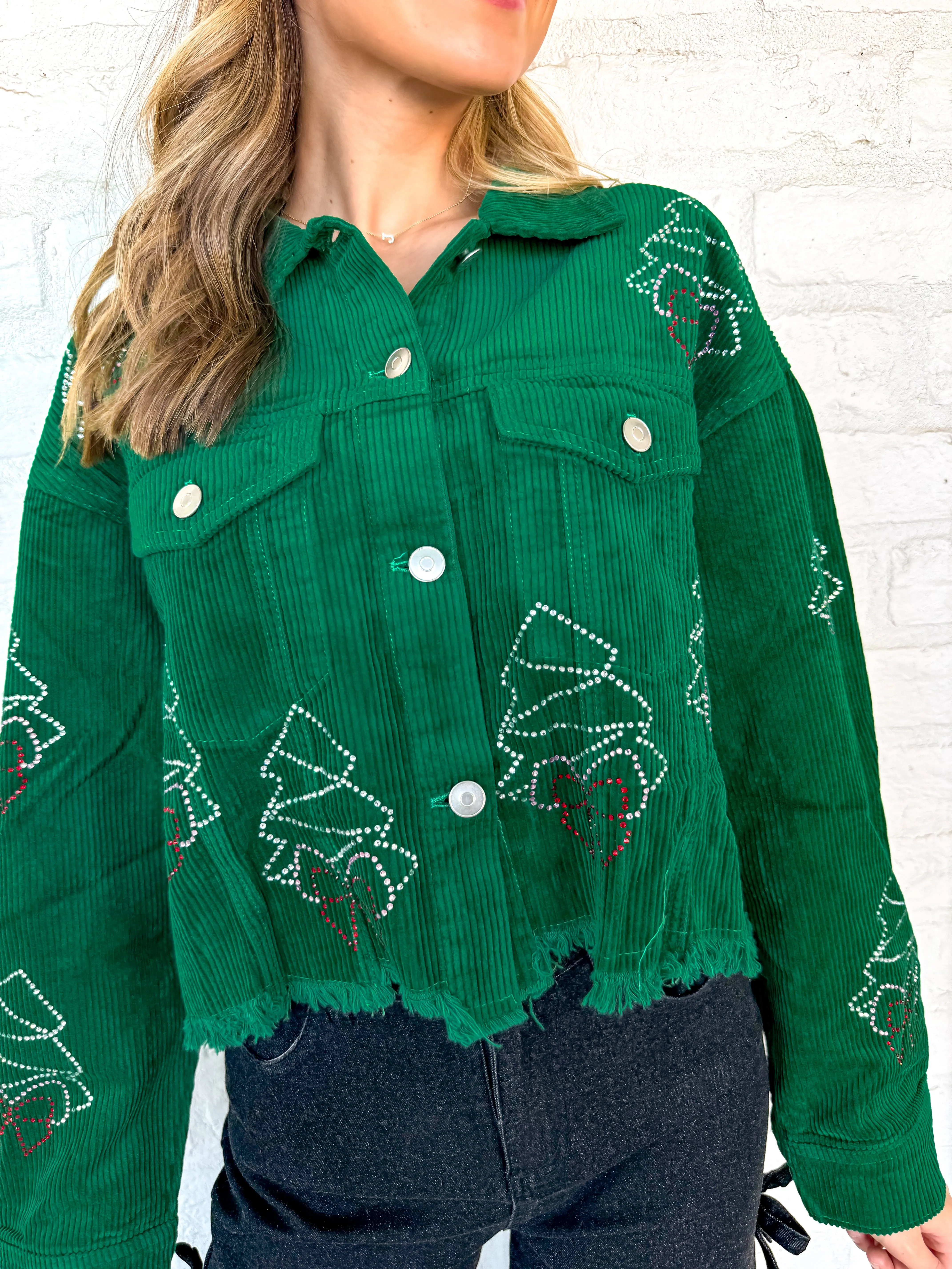 Queen Of Christmas Tree and Bow Corduroy Green Jacket