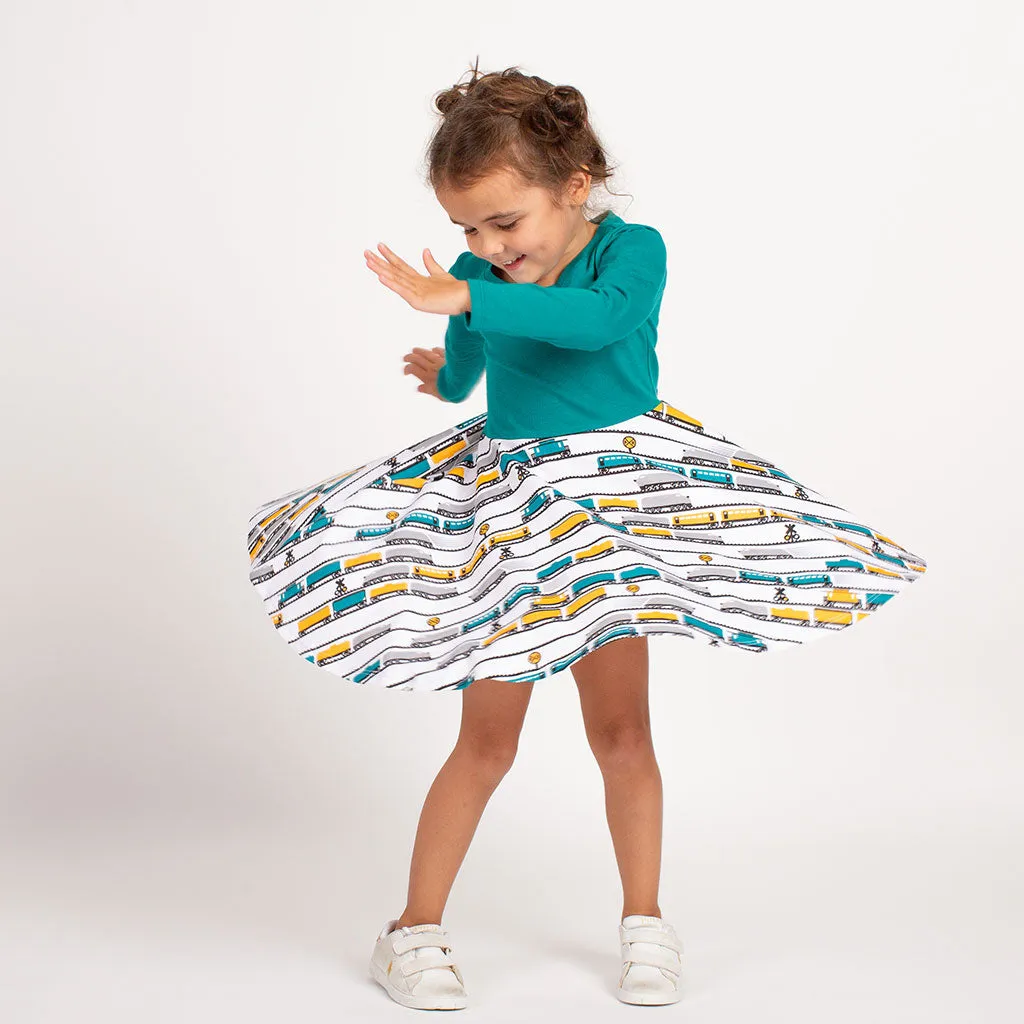 "ENGINEuity" Trains Twirly Play Dress with Pockets and Long Sleeves