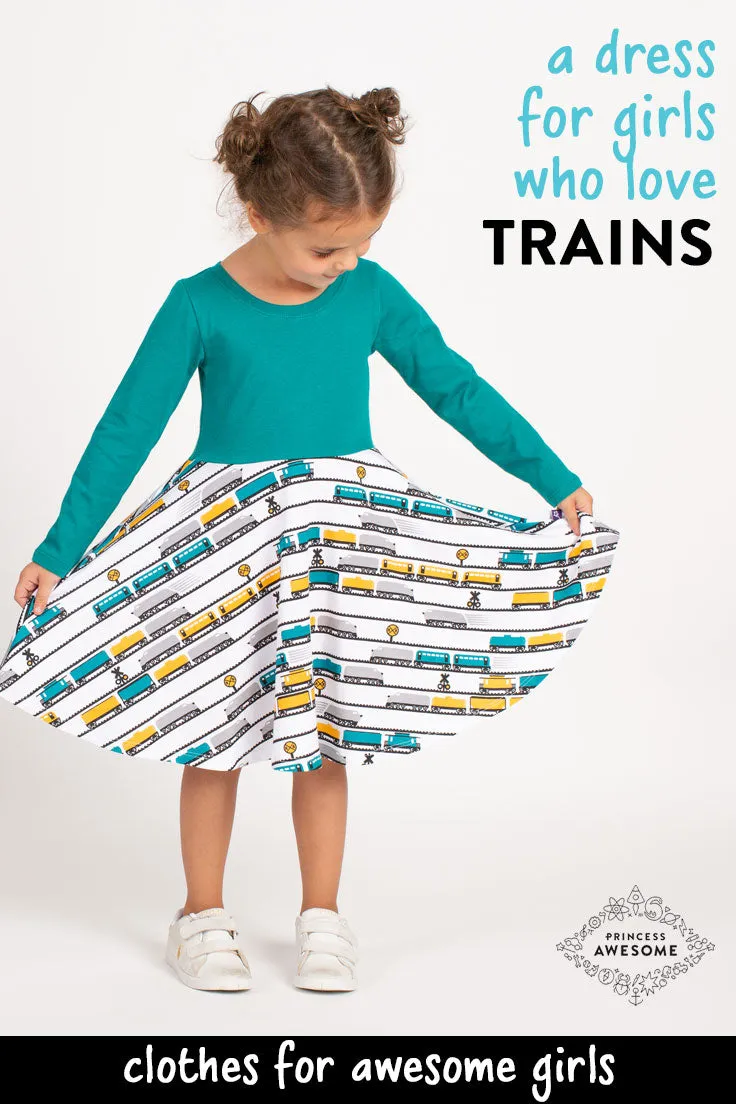 "ENGINEuity" Trains Twirly Play Dress with Pockets and Long Sleeves