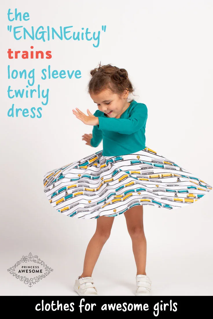 "ENGINEuity" Trains Twirly Play Dress with Pockets and Long Sleeves